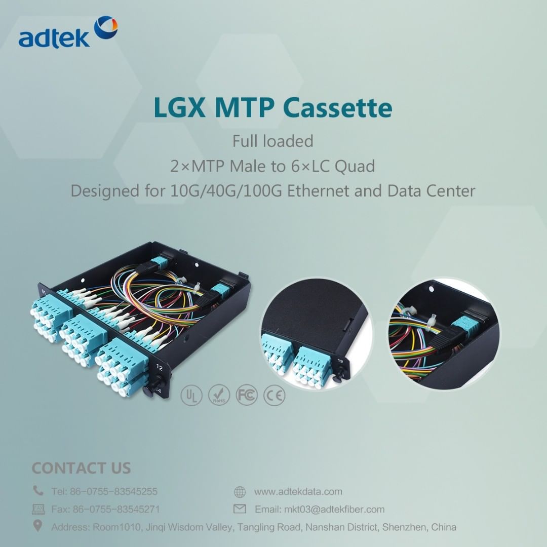 Adtek’s full loaded LGX 12 Ports 24 fibers OM4 fiber optic cassttes is designed …