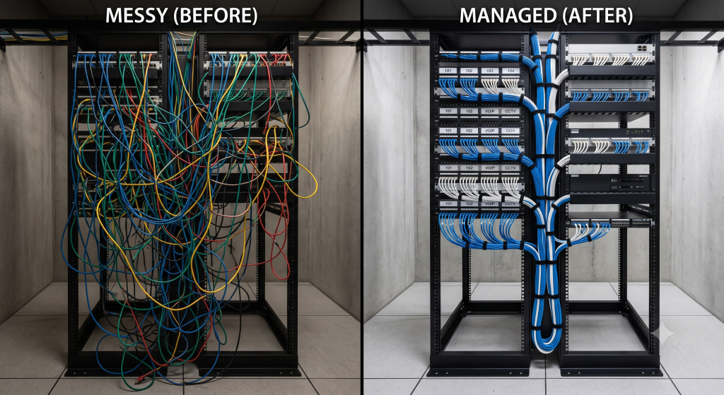 Before and after network cabling rack cleanup